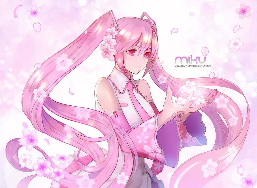 Astarone cherry blossoms hatsune miku long hair petals pink eyes pink hair sakura miku twintails vocaloid . HD wallpaper