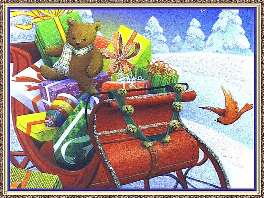 Xmas card, winter, bear, snow, christmas HD wallpaper