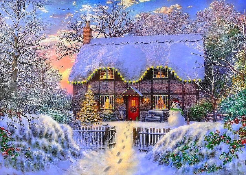 Yuletide Cottage, winter, holidays, winter holidays, paintings, Christmas Trees, snowman, love four seasons, cottages, Christmas, snow, nature, xmas and new year HD wallpaper
