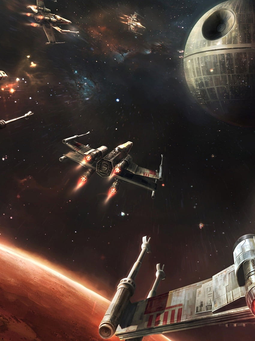 Gwiezdne Wojny, Gwiazda Śmierci, X Wing, Galaktyka, Planeta Star Wars Bitwa o Yavin Grafika koncepcyjna Tapeta na telefon HD