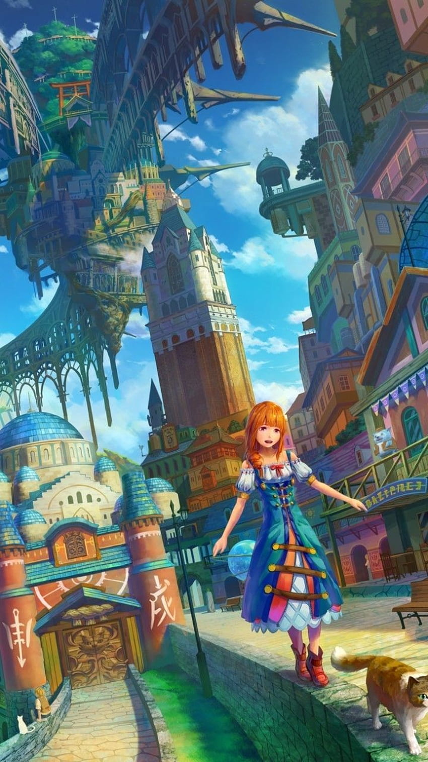 Fantasy World, Anime Girl, Floating City HD phone wallpaper