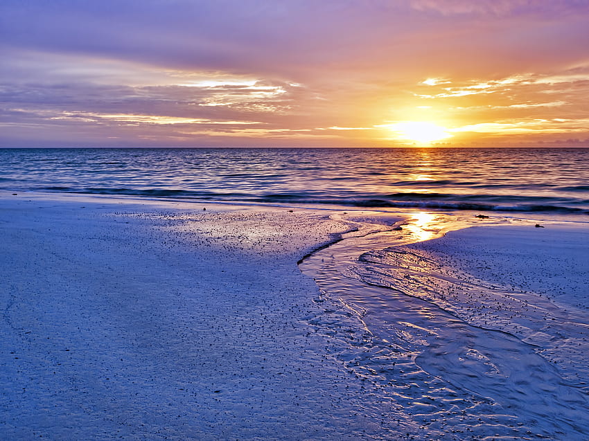 Paisaje, naturaleza, puesta de sol, mar, orilla, banco, brillo, luz fondo de pantalla