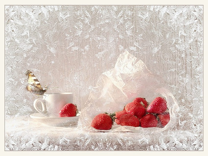 Beautiful, white, butterfly, strawberries, red, fruits, cup, saucer HD wallpaper