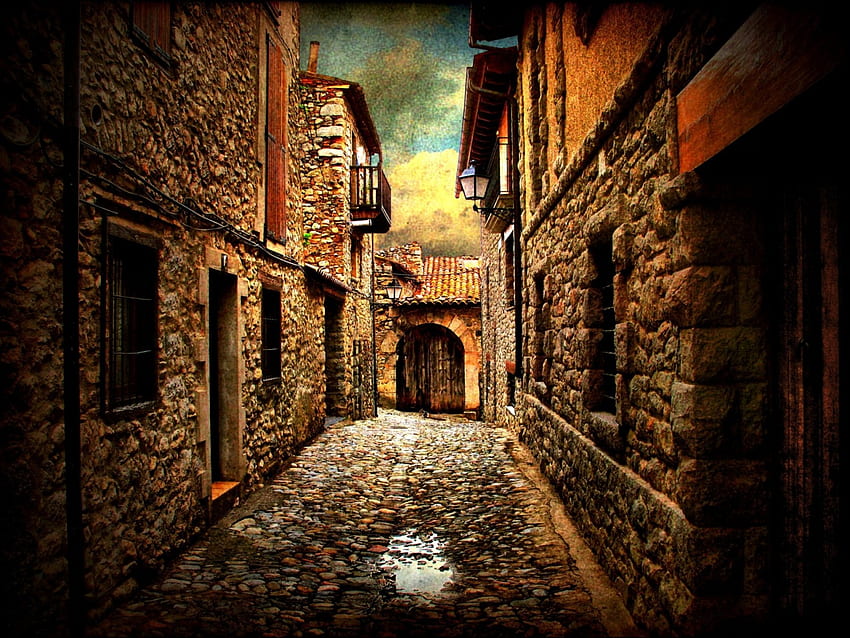 calle de piedra en bellver de cerdanya españa r, pueblo, calle, r, casas, oscuro, piedras fondo de pantalla