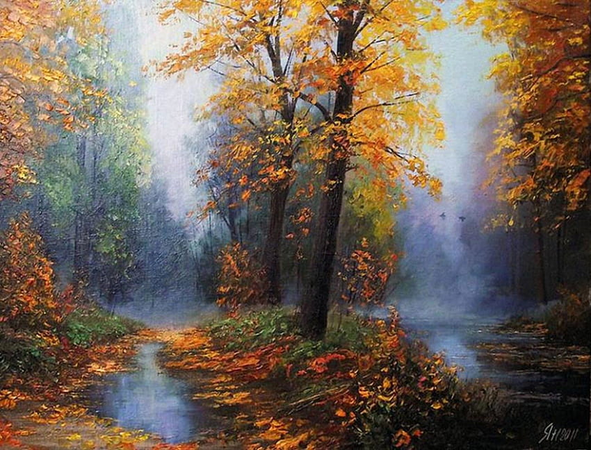 Sisli sabah - , sabah, düşen yapraklar, hava durumu, gün, mevsim, , sisli, sanatçı, ağaçlar, sonbahar, sanat, yapraklar, sarı, doğa, ressam, gökyüzü, orman HD duvar kağıdı