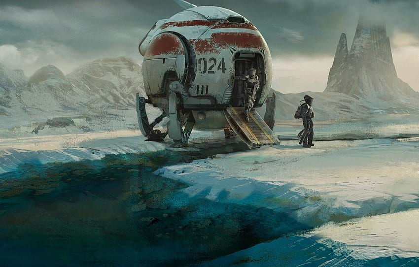 ice, fantasy, science fiction, mountains, snow, Sci-Fi Ship HD wallpaper