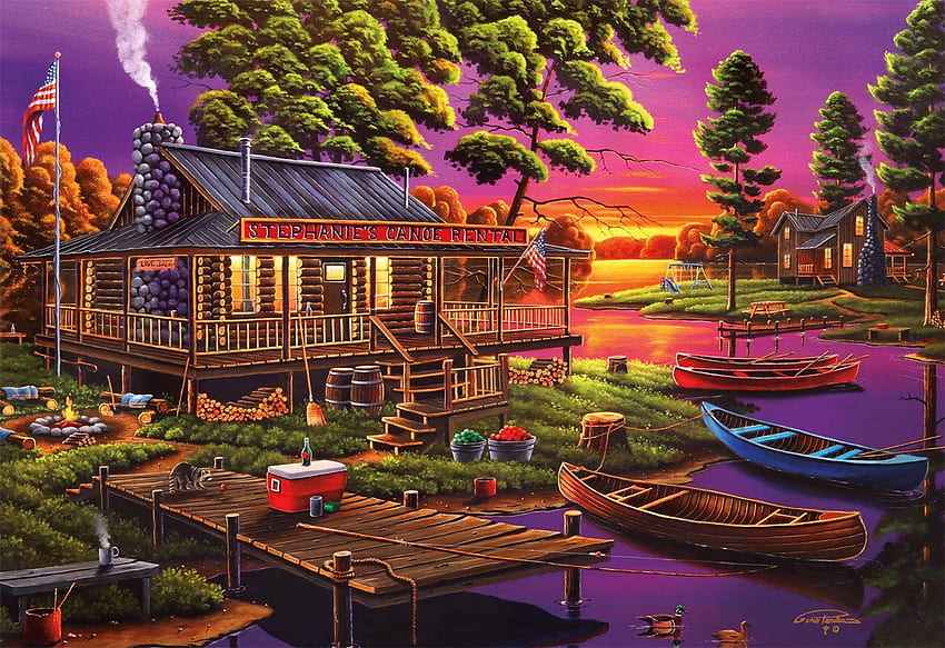 Stephanie's Canu Rental, artwork, boat, painting, pier, trees, cabin, sunset HD wallpaper