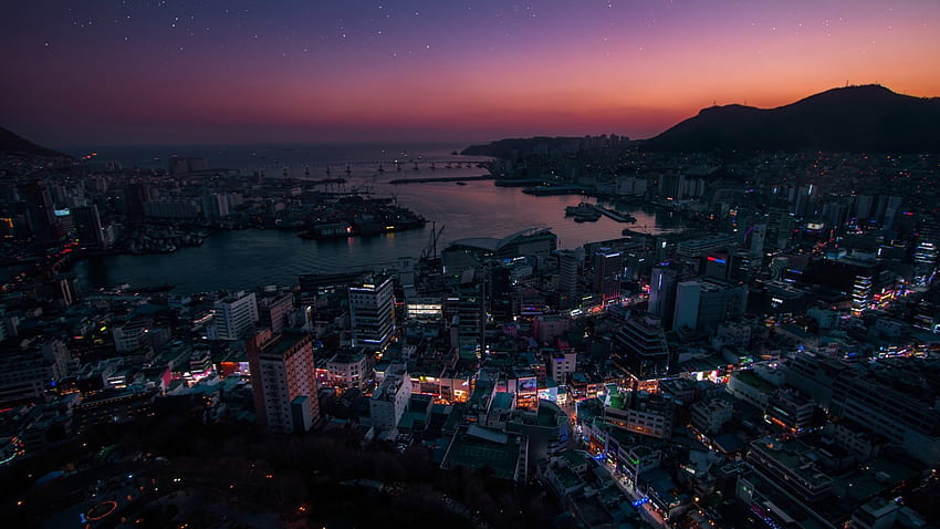 Corea del Sur, Noche, Estrellas, Paisaje urbano, Edificios, Luces para computadora portátil, Notebook fondo de pantalla