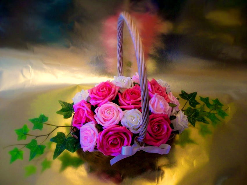 Flowers basket, colorful, roses, beautiful, gift, nice, basket, pink, pretty, red, flowers, lovely HD wallpaper