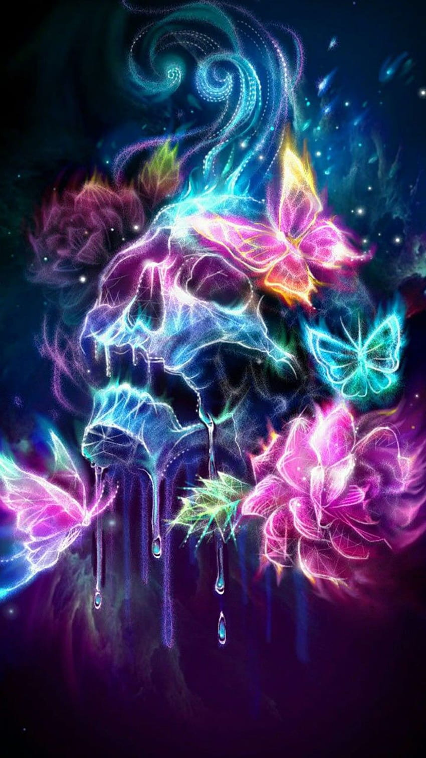 Skull art or neon butterfly, why not both styles. Unique neon color artistic thriller for you. HD phone wallpaper