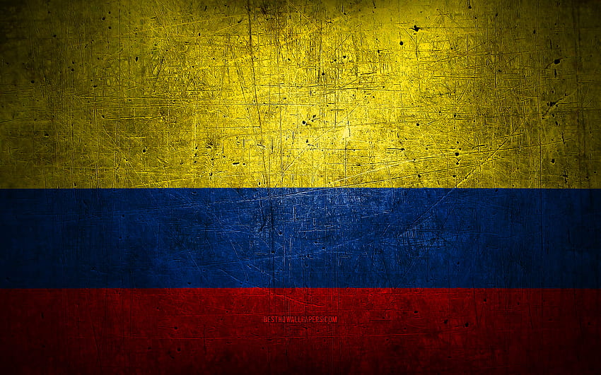 コロンビアの金属旗, グランジ アート, 南アメリカの国, コロンビアの日, 国のシンボル, コロンビアの旗, 金属の旗, コロンビアの旗, 南アメリカ, コロンビアの旗, コロンビア 高画質の壁紙