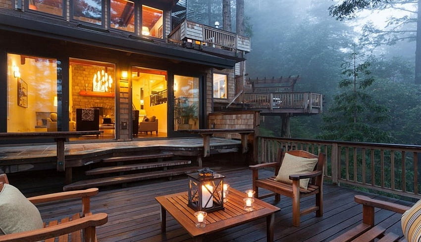 Dream Forest House, graphy, portico, relax, case, foresta Sfondo HD