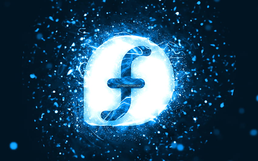 Синьо лого на Fedora, , сини неонови светлини, творчески, син абстрактен фон, лого на Fedora, Linux, Fedora HD тапет