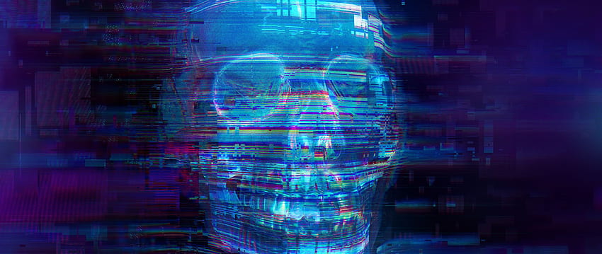 Cráneo, miedo, arte glitch, azul neón, Dual Wide, , 2560 X 1080 Blue fondo de pantalla