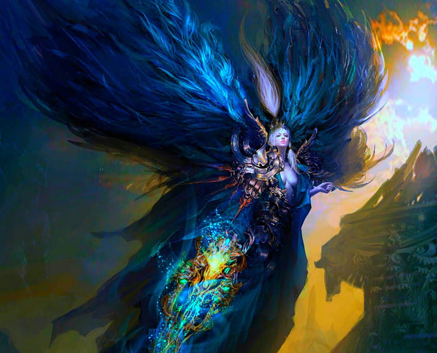 Angel, wings, fantasy, sky, woman HD wallpaper
