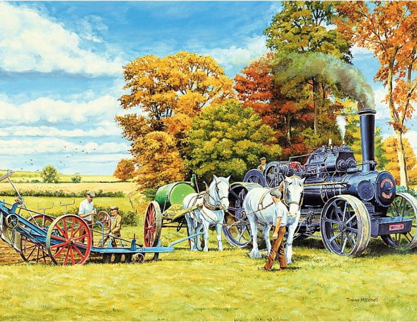 Vintage Harvesting, artwork, horses, machine, trees, autumn, steam HD wallpaper