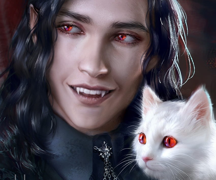 Вампир с бяла котка (детайл), frumusete, бяло, изкуство, helena cnockaert, очи, прекрасни, котка, vamoire, хелоуин, превъзходно, pisici, фантазия, червено, лице, luminos HD тапет
