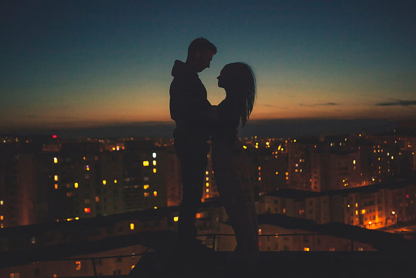 Love, Couple, Pair, Silhouettes, Night City, Romance HD wallpaper