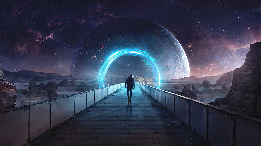 A man walk through portal, a gateway, fantasy HD wallpaper