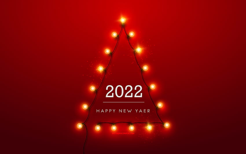 2022 New Year, , Christmas tree made of bulbs, 2022 Red background, Happy New Year 2022, 2022 concepts, lamps, Christmas 2022 background HD wallpaper