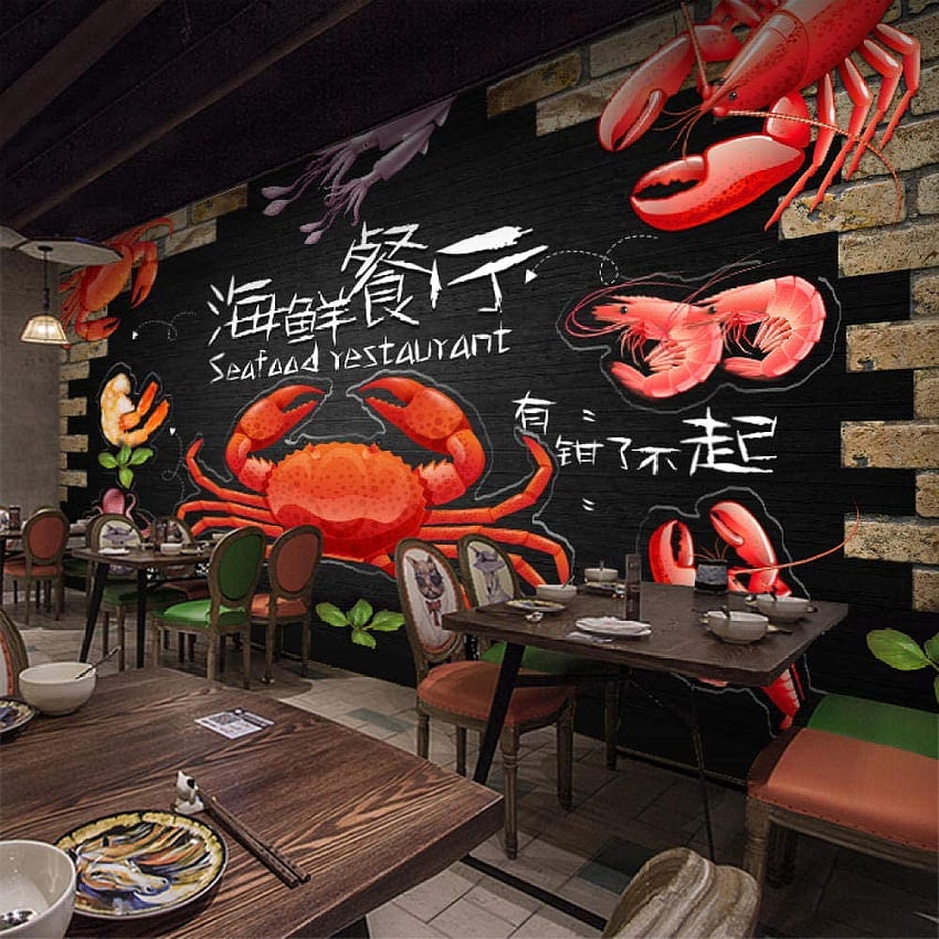 Papier Peint 3D Peinture Murale 3D Personnalité Crabe Fruits De Mer Écrevisses Murale Fruits De Mer Restaurant Restaurant Barbecue Fond Revêtement Mural Sans Soudure 250Cmx175Cm Fond d'écran de téléphone HD