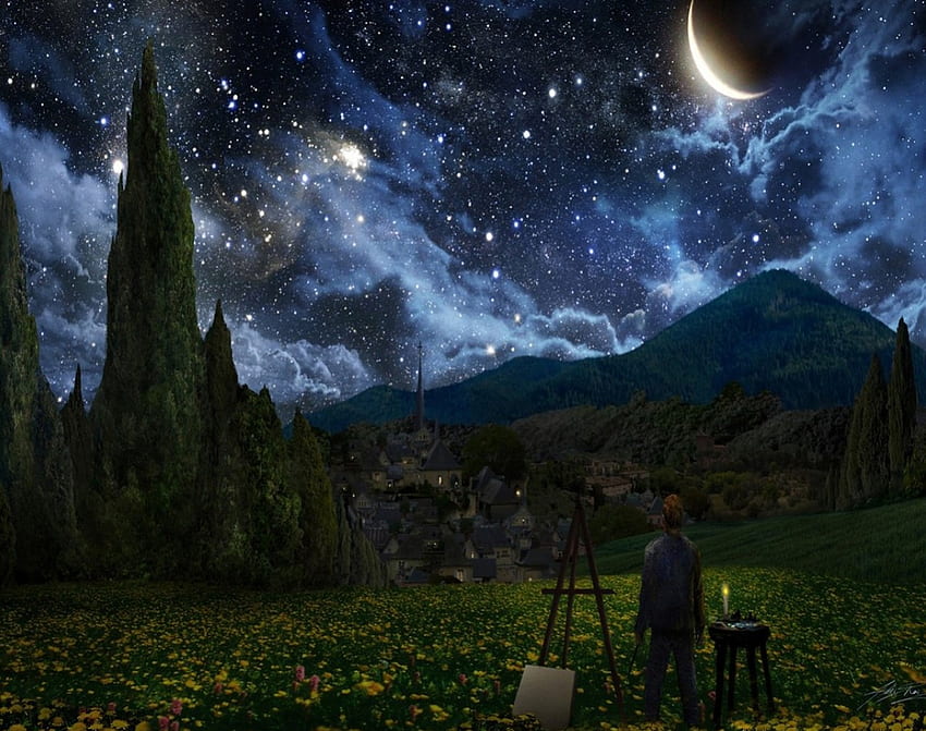 Fantasy art, buildings, moon, candel, person, clouds, trees, stars ...