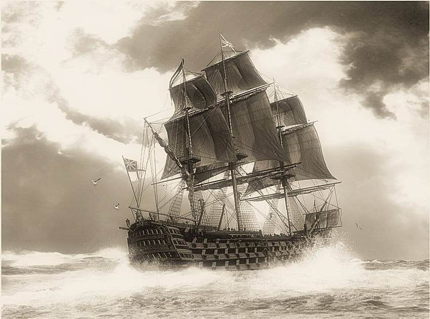 古代の船、海、空、帆船 高画質の壁紙