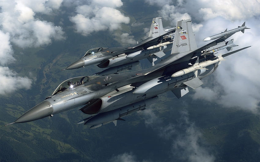 2 つのグレイ ファイター ジェイ、ジェネラル ダイナミクス F 16 ファイティング ファルコン、ジェネラル ダイナミクス F-16 ファイティング ファルコン 高画質の壁紙