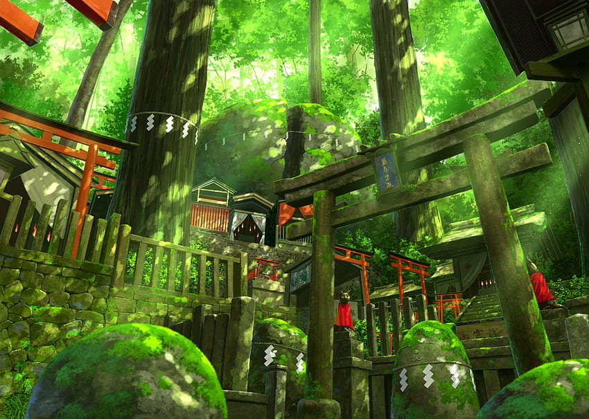 アニメの風景、神社、森、階段、緑の環境、緑のアニメの風景 高画質の壁紙
