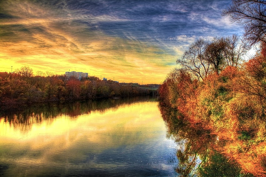 Goldener Fluss, blau, Fluss, Schönheit, Hintergrund, Reflexion, Bäume, Wasser, Sonne, golden, Landschaft, r, schön, Gebäude, Wolken, Natur, Himmel, Flüsse HD-Hintergrundbild