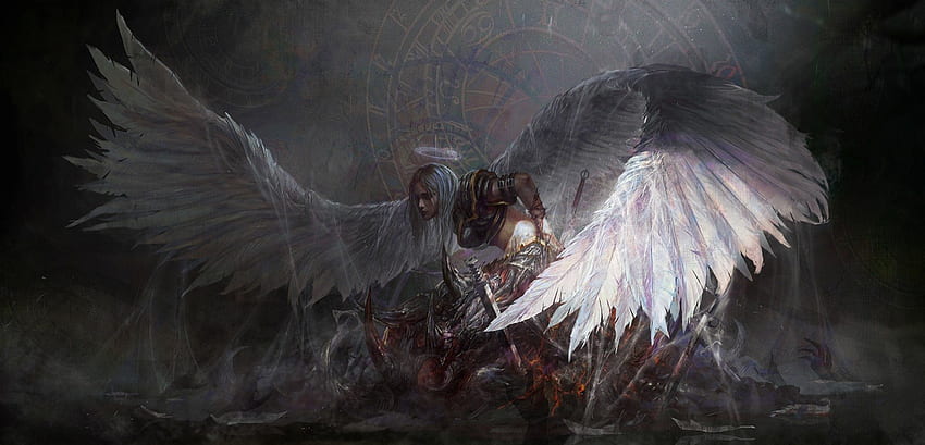 Angel, wings, art, girl, sara d, dark, feather, tian zi, fantasy, light, luminos HD wallpaper