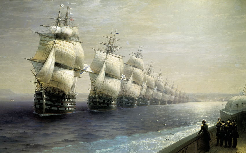 schooners, Ocean, Ship, Sail, Ship, Painting, Fantasy, Military / and Mobile Background HD wallpaper