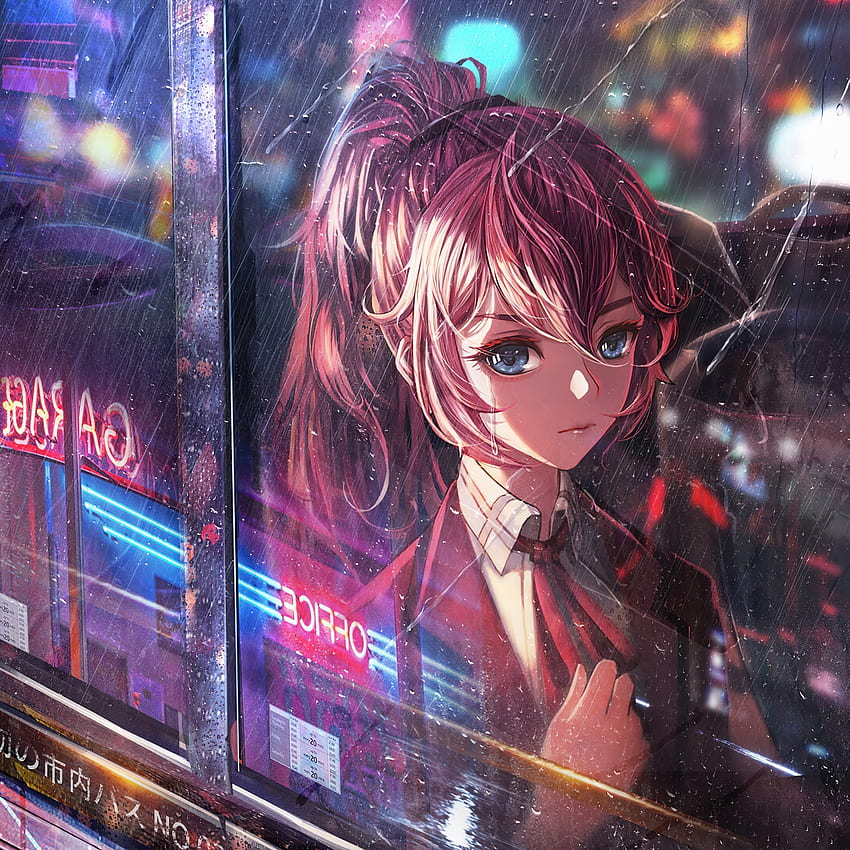 Anime Girl Bus Window Neon City iPad Air , , Background, and HD phone wallpaper