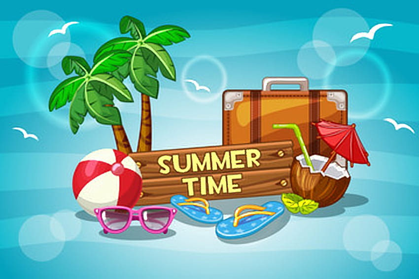 Summertime, Cocktail, Umbrella, Beach, Flip flops, Suitcase, Glasses HD wallpaper