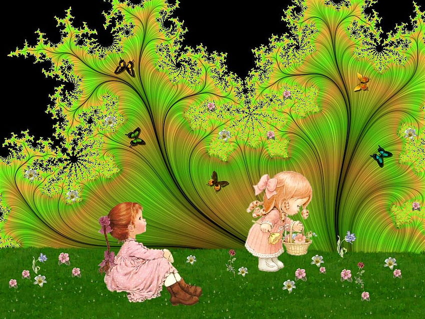 Dziewczyny i kwiaty, motyle, dziewczyny, kwiaty, streszczenie Tapeta HD