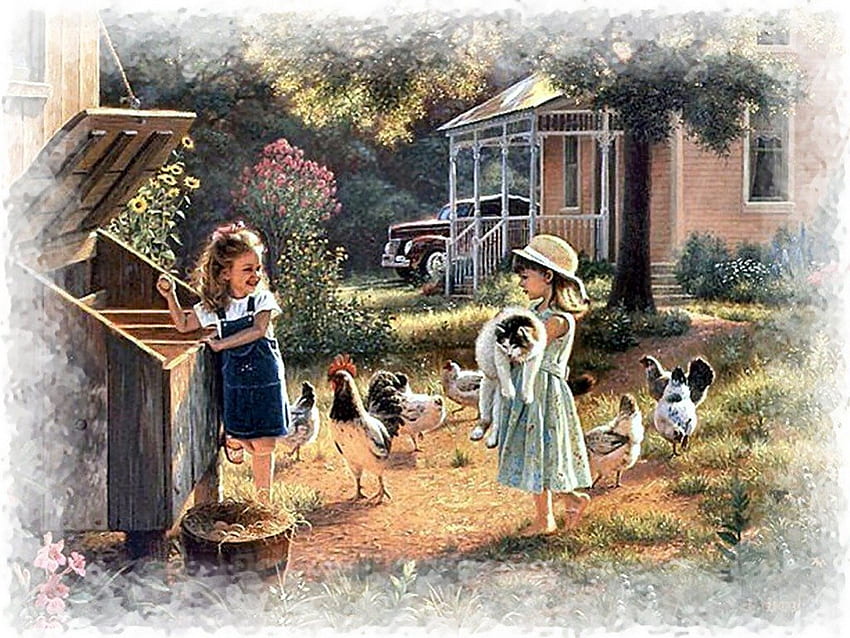 Egg Collecting F2, artwork, scenery, children, painting, art, chickens, chores pets, eggs HD wallpaper