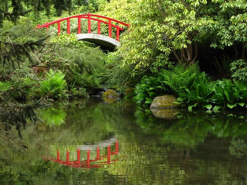 Garden Bridge, bridge, trees, garden, water HD wallpaper