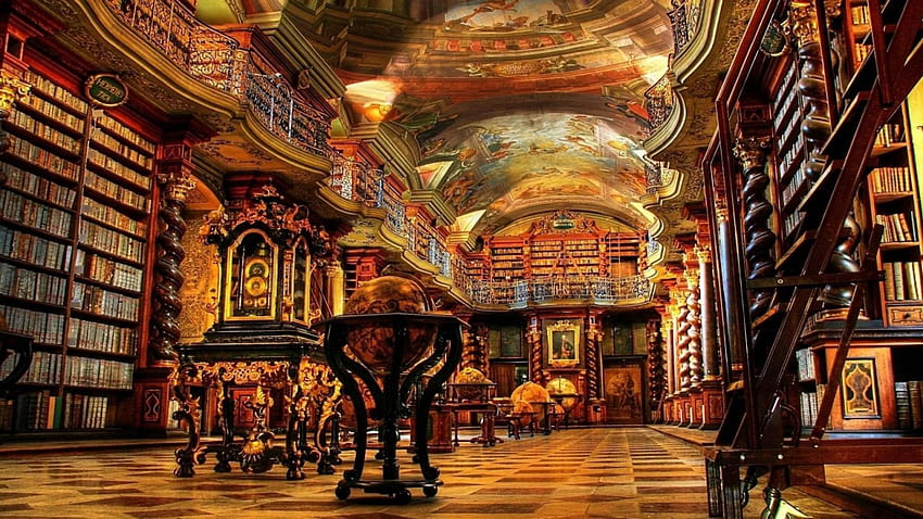 prächtige bibliothek r, bücher, fresken, regale, decke, r, bibliothek HD-Hintergrundbild