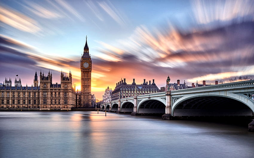 Thames River and Westminster Bridge F, architektura, grafika, Big Ben, piękny, Thames River, Anglia, sceneria, szeroki ekran, Londyn, most, , Westminster Tapeta HD