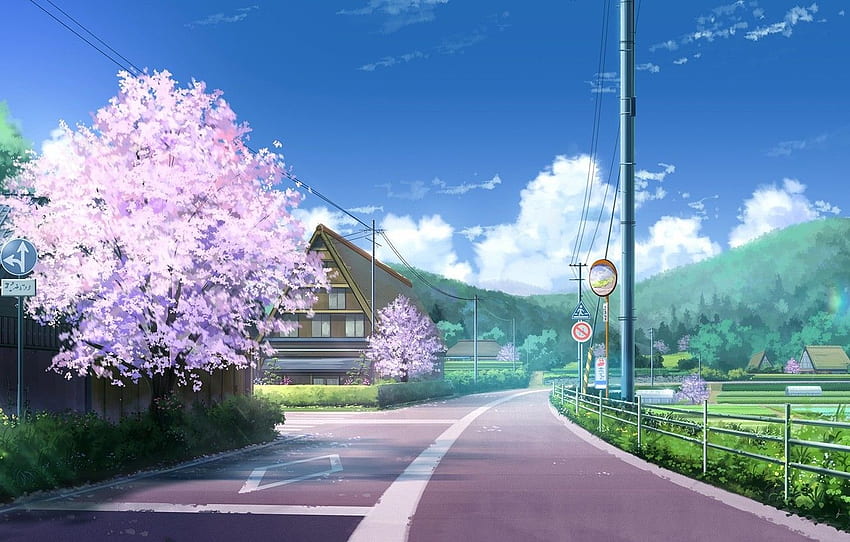 road, clouds, hills, posts, wire, home, Sakura, village, Japan Village HD wallpaper