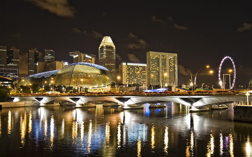 singapur nocą, rzeka, miasto, światła, diabelski młyn, most Tapeta HD