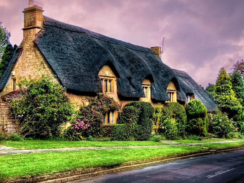 住宅: ENGLISH COTTAGE 青い屋根の旅 茅葺きイギリス, イギリスの風景 高画質の壁紙