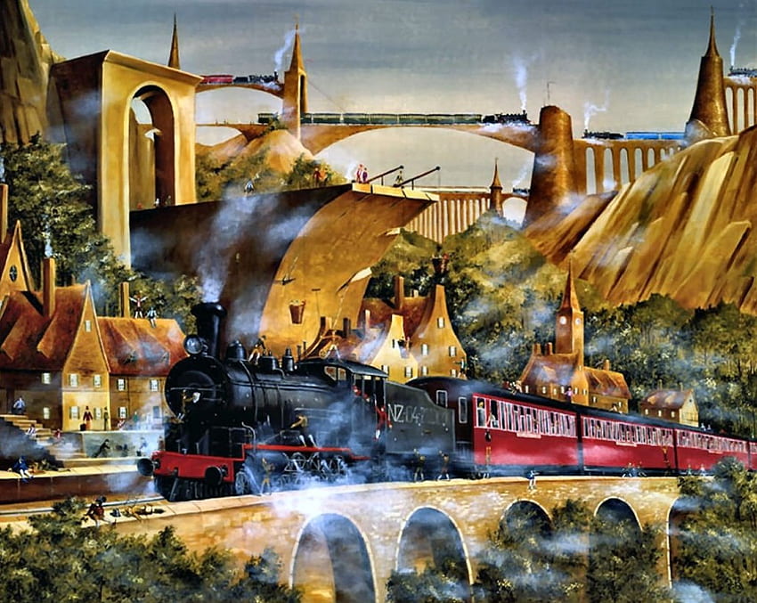 Locomotora de vapor, arte, surrealista, tren, hermoso, surrealista, obra de arte, ancha, surrealismo, pintura, abstracto, puentes, locomotora fondo de pantalla