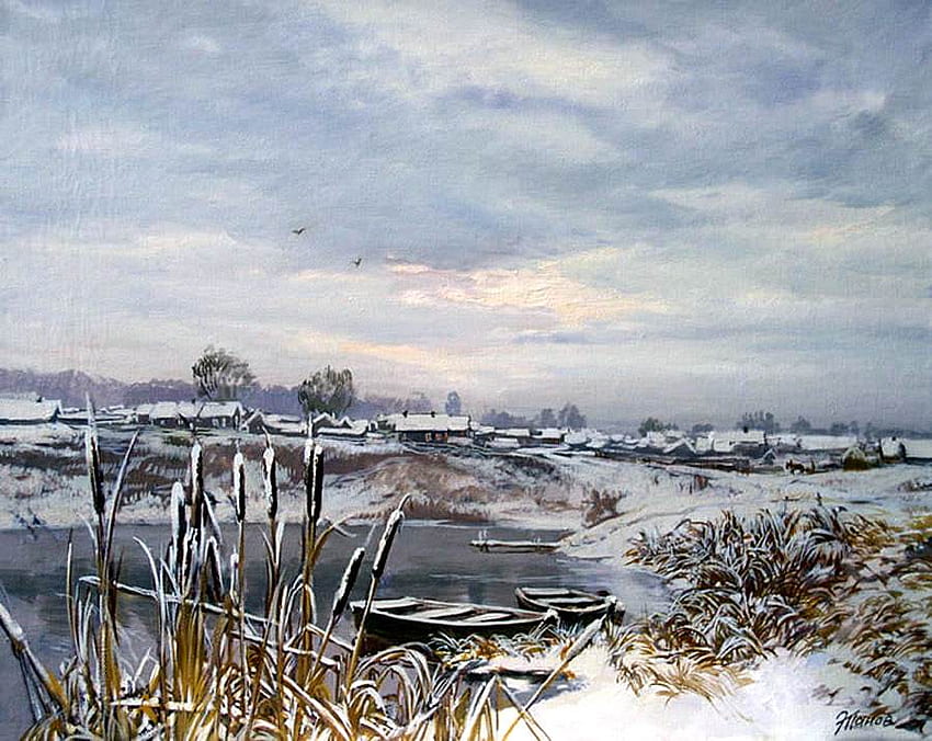 E.Panov. Partiellement nuageux, hiver, rivière, bateau, peinture, art, e panov, village Fond d'écran HD