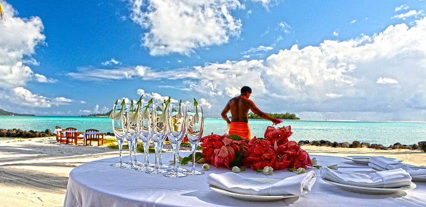 열대 타히티 해변에서의 완벽한 저녁 식사 , 음식, 라군, 프랑스어, 아침 식사, 폴리네시아, 보라보라, 폴리네시아 HD 월페이퍼