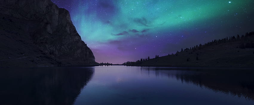 Aurora Boreal Céu noturno Estrelas Lago Natureza Cenário, Maçã 3840X1600 papel de parede HD