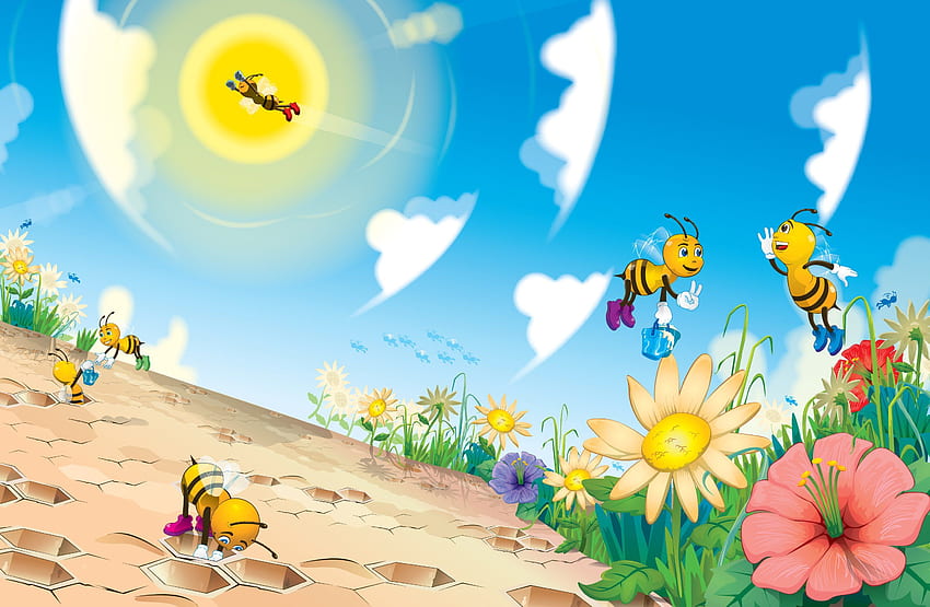 abeja, insecto, abejas, flor, flores /, abeja de dibujos animados fondo de pantalla