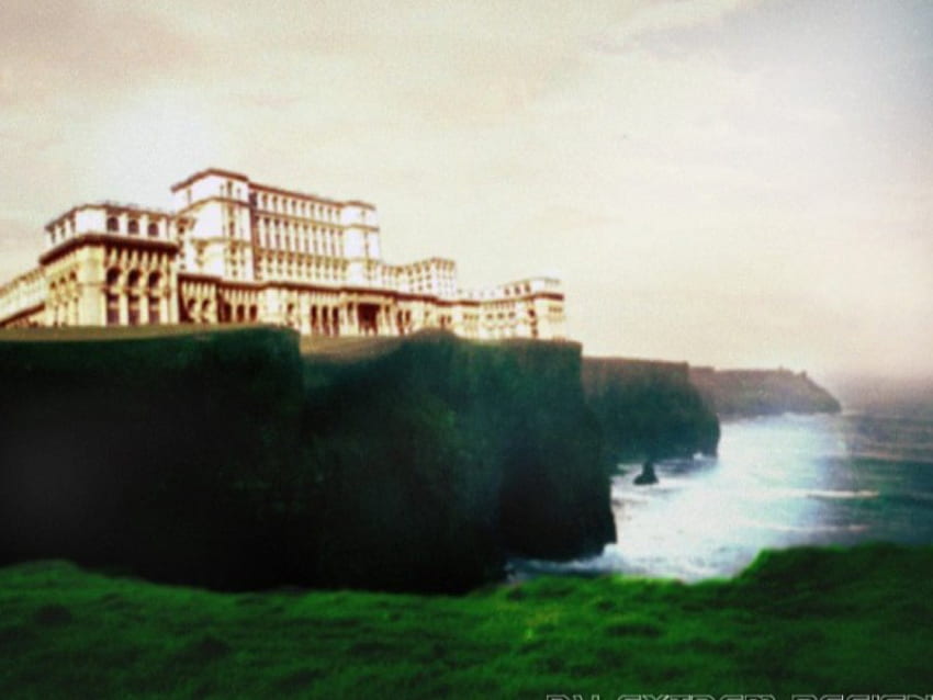 Seaside Cliff Mansion, playa, acantilado, mansión fondo de pantalla