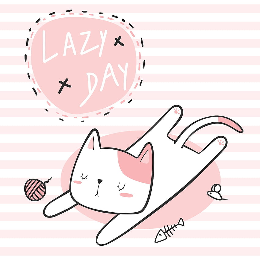 Cute cat sleeping lazy day cartoon doodle pink striped background 2225691 Vector Art at Vecteezy HD phone wallpaper
