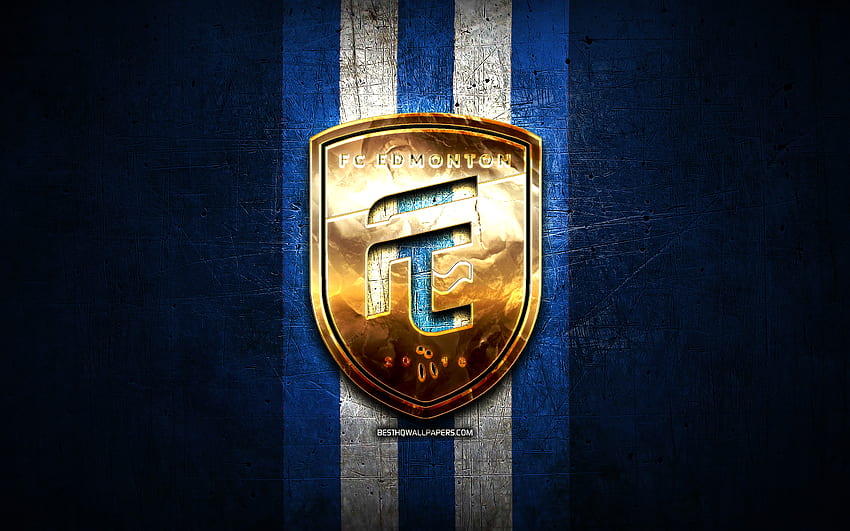 FC Edmonton, logotipo dorado, Canadian Premier League, de metal azul, fútbol, ​​club de fútbol canadiense, logotipo de FC Edmonton, fútbol, ​​Edmonton FC fondo de pantalla